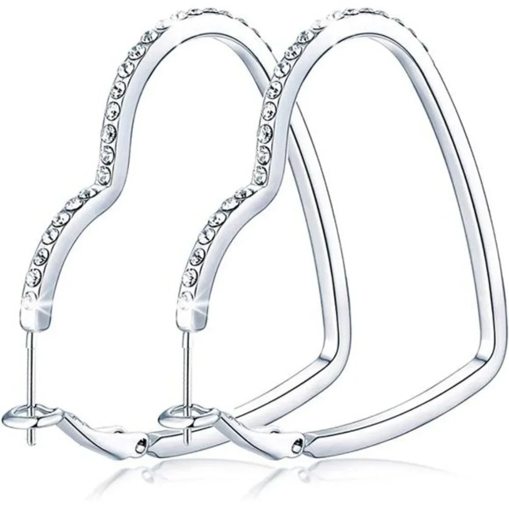 Heart Rhinestone White Gold Plated Silver Hoop Earrings for Women Girls Gifts